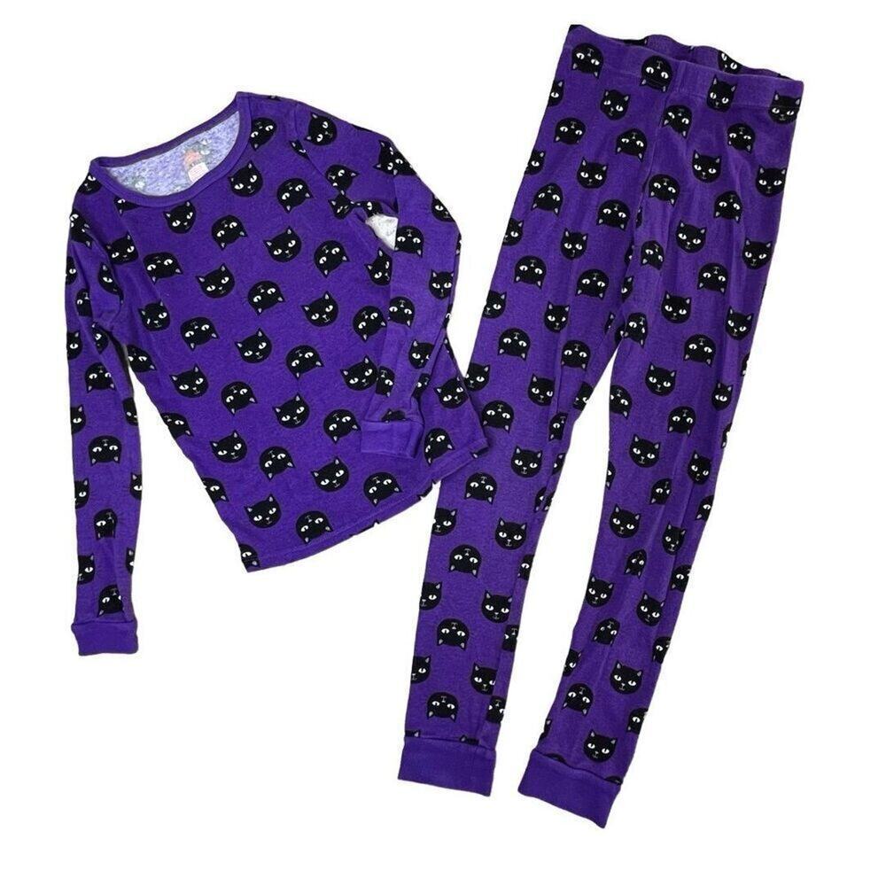Celebrate Halloween Purple Black Cats‎ Sleepwear Knit Pajama Set 8 Spooky Fun